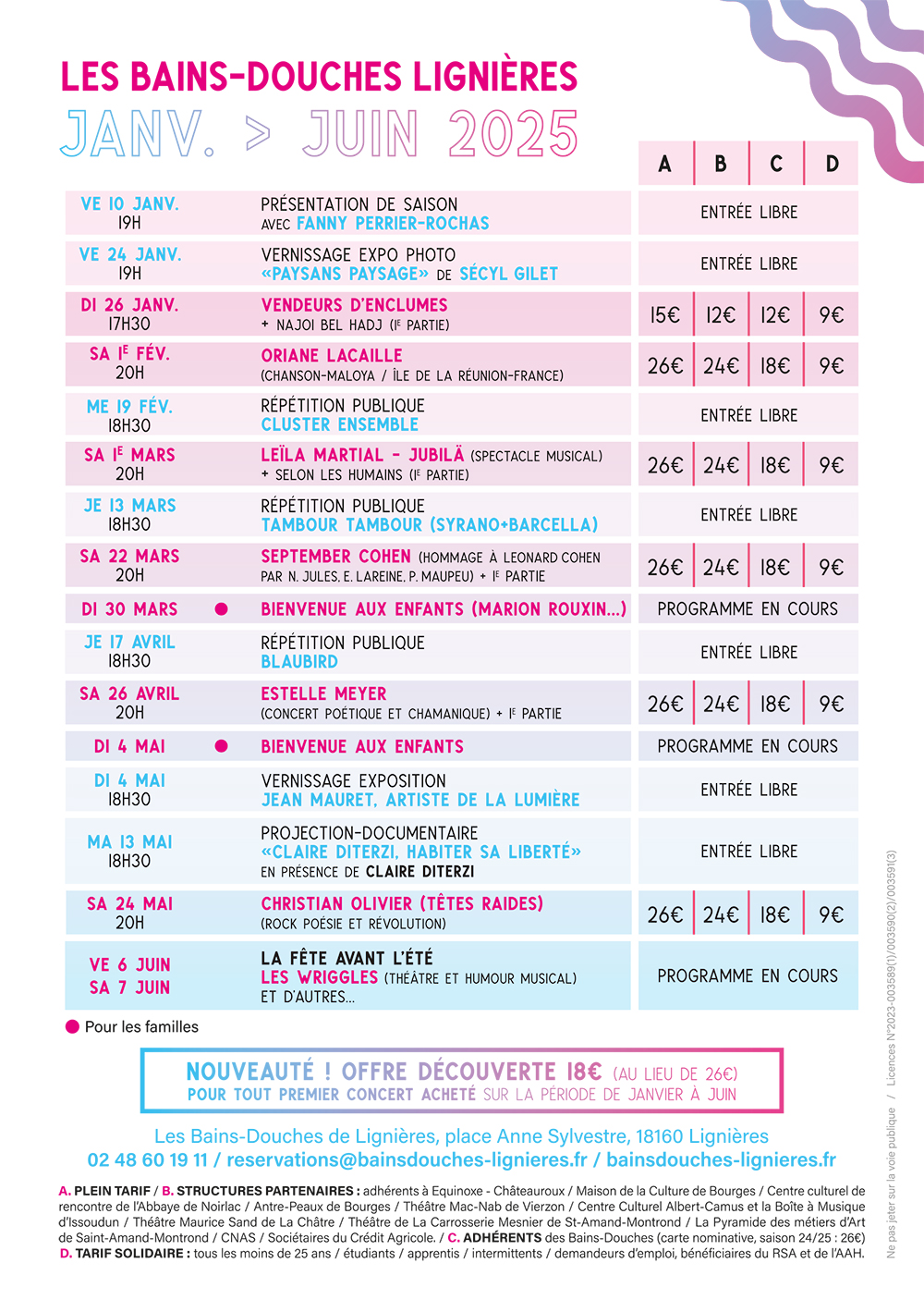 Flyer programmation Bains-Douches Lignières - Janvier-Juin 2025 - Verso : Tarifs