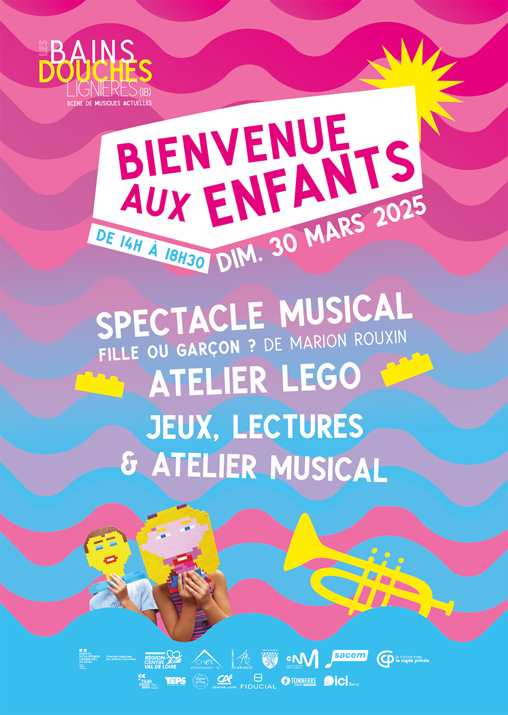 Bienvenue aux enfants le 30 mars 2025 aux Bains-Douches de Lignières - flyer recto