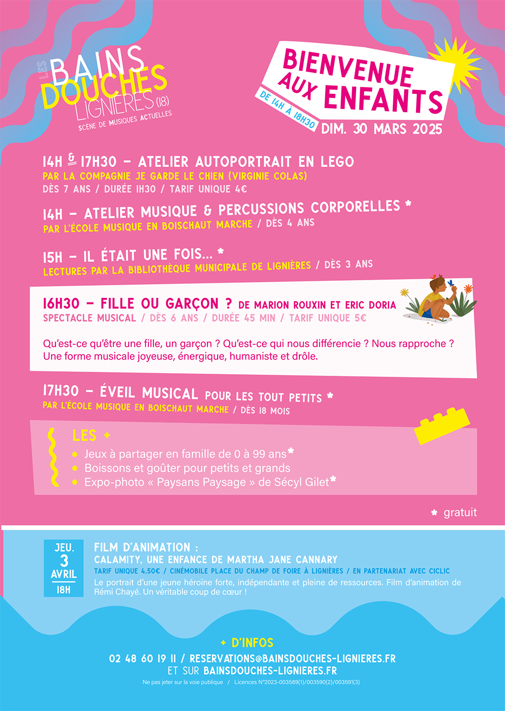 Bienvenue aux enfants le 30 mars 2025 aux Bains-Douches de Lignières - flyer verso